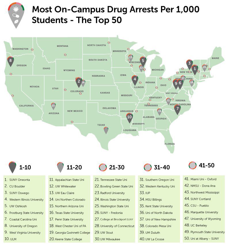 colleges highest rates drug arrests - ranch at dove tree - 001-most-on-campus-drugarrests2011